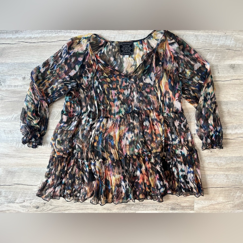 JOHNNY WAS SONIA TIERED SHEER TOP 100% Silk Top Size Small